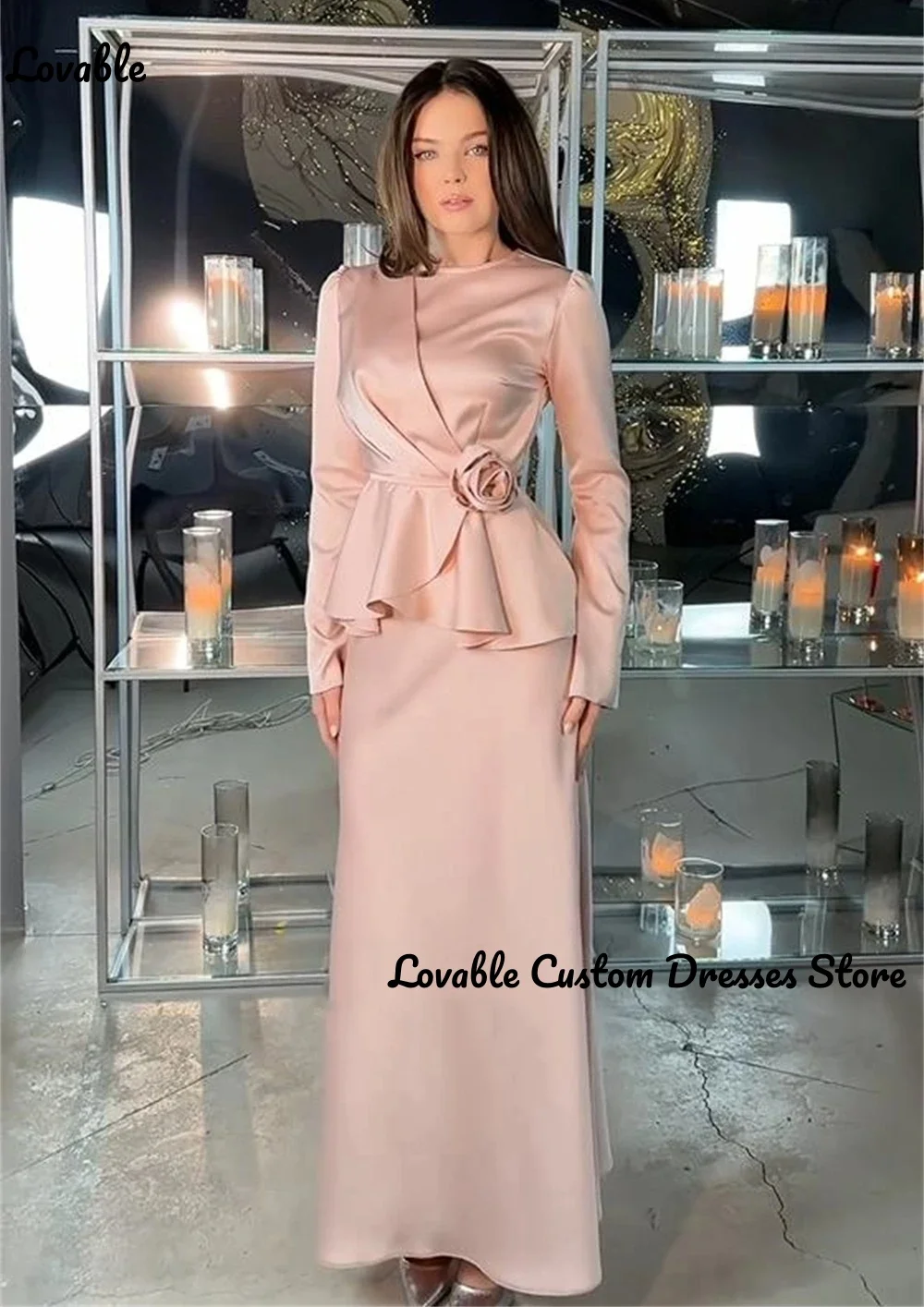 

Customized Luxury Evening Dresses Column Scoop Neckline Satin Ankle-Length Zipper Up Hand-Made Flowers Long Sleeves Dresses