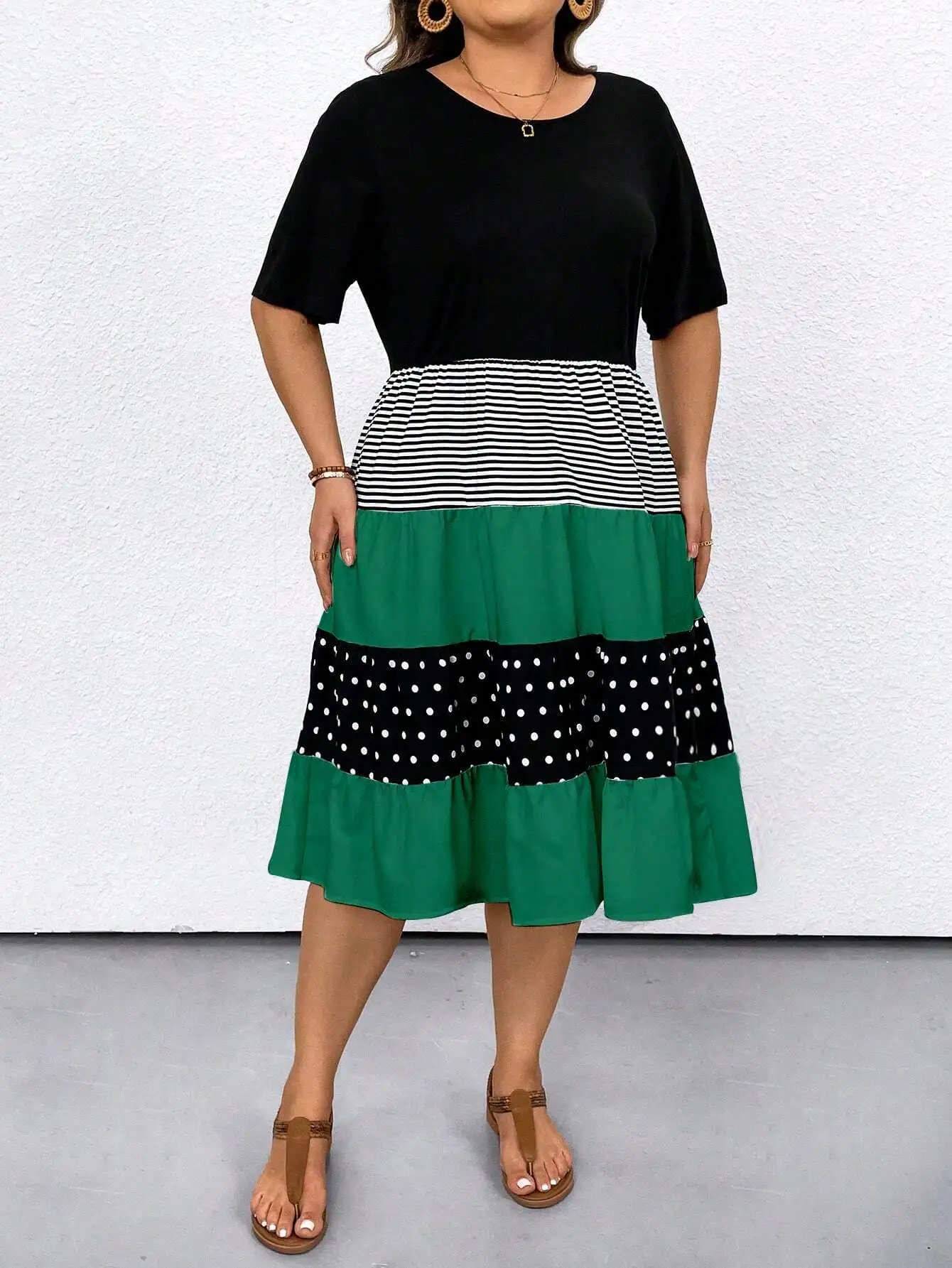 

Plus Size Women Summer Round Neck Short Sleeve Polka Dot Striped Loose Casual Tiered Midi Dress