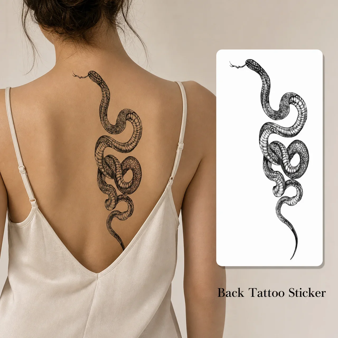 1 Sheet Per Pack Temporary Tattoo Sticker Black Waterproof Long Lasting Realistic Snake Blackwork Line Art Spine Back for Women