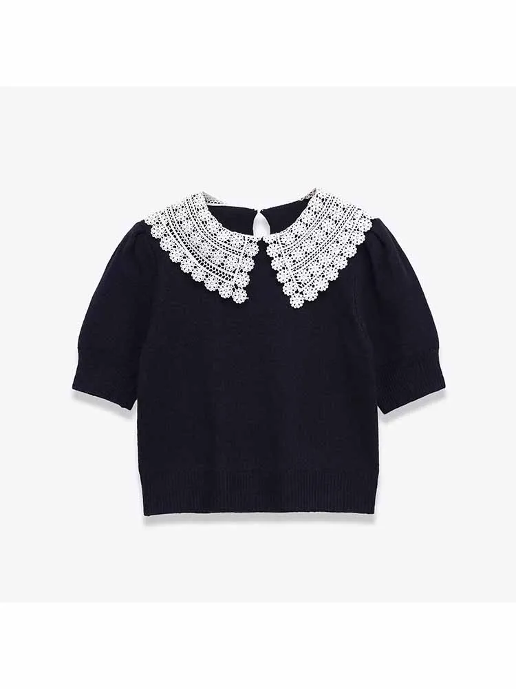 

European and American style winter new arrivals fashionable women's clothing flap collar crochet knit short-sleeved pullover