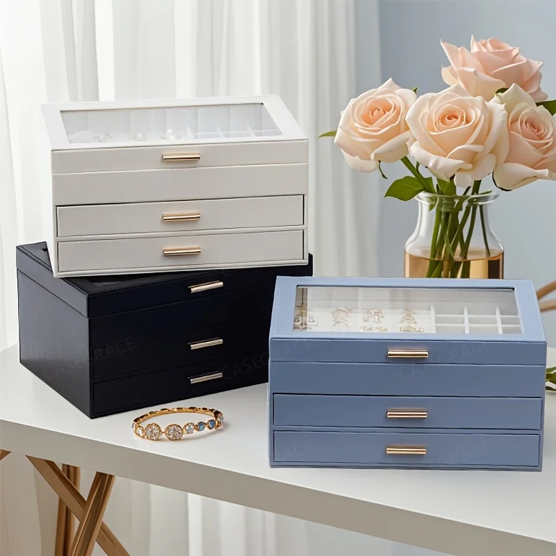

Luxury Faux Leather Jewelry Storage Box Organizer Large Capacity Double-Layer Drawer Necklaces Rings Earrings Storage Box Gift
