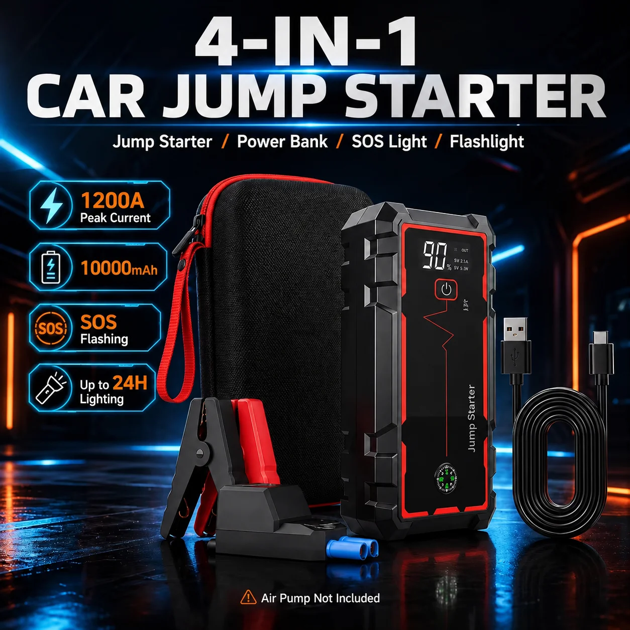 Multifunktionales 1200A Auto-Starthilfegerät 10000mAh, -45°C ℃   Stabiler Betrieb, Dual-USB-Schnellladung, LED-Licht & SOS-Notfallfunktion, Tragbarer Batterie-Booster für 12V Dieselmotoren