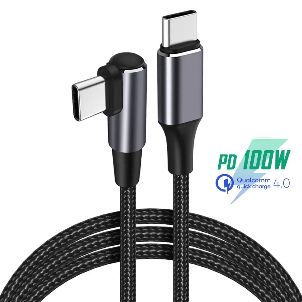 PD 100W Fast Charging Line USB C to USB Type C Cable Quick Charge 4.0 Right Angle Wire Laptop Mobile Phone 90 Degree Data Cable