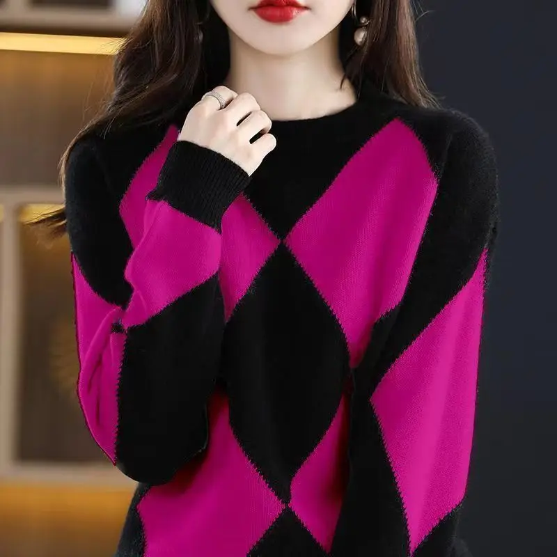 Women\'s 2023 Autumn and Winter New Sweater Round Neck Vintage Argyle Contrast Color Knit Long Sleeve Loose Pullover Bottom Tops