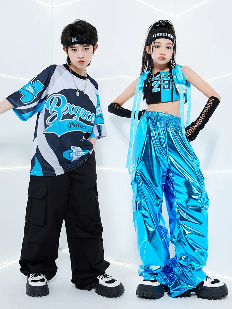 Jungen Hip Hop T-shirt PU Leder Glänzende Cargo Hosen Mädchen Kühlen Crop Top Streetwear Kinder Street Dance Kostüme Kind Jazz Kleidung