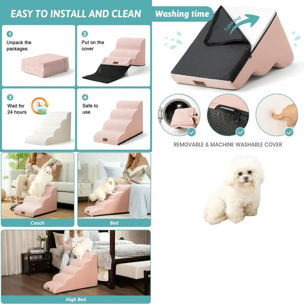 

5-Step Pink Pet Ramp for High Bed, 22.6 H, Suitable for Small Dogs, Puppies, and Cats, Curved Design for Cars, Lightweight and D