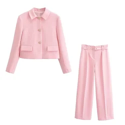 UNIZERA2024 Spring/Summer New Women's Fashion Solid Color Short Single breasted Flip Collar Suit with Belt, Suit Pants Set