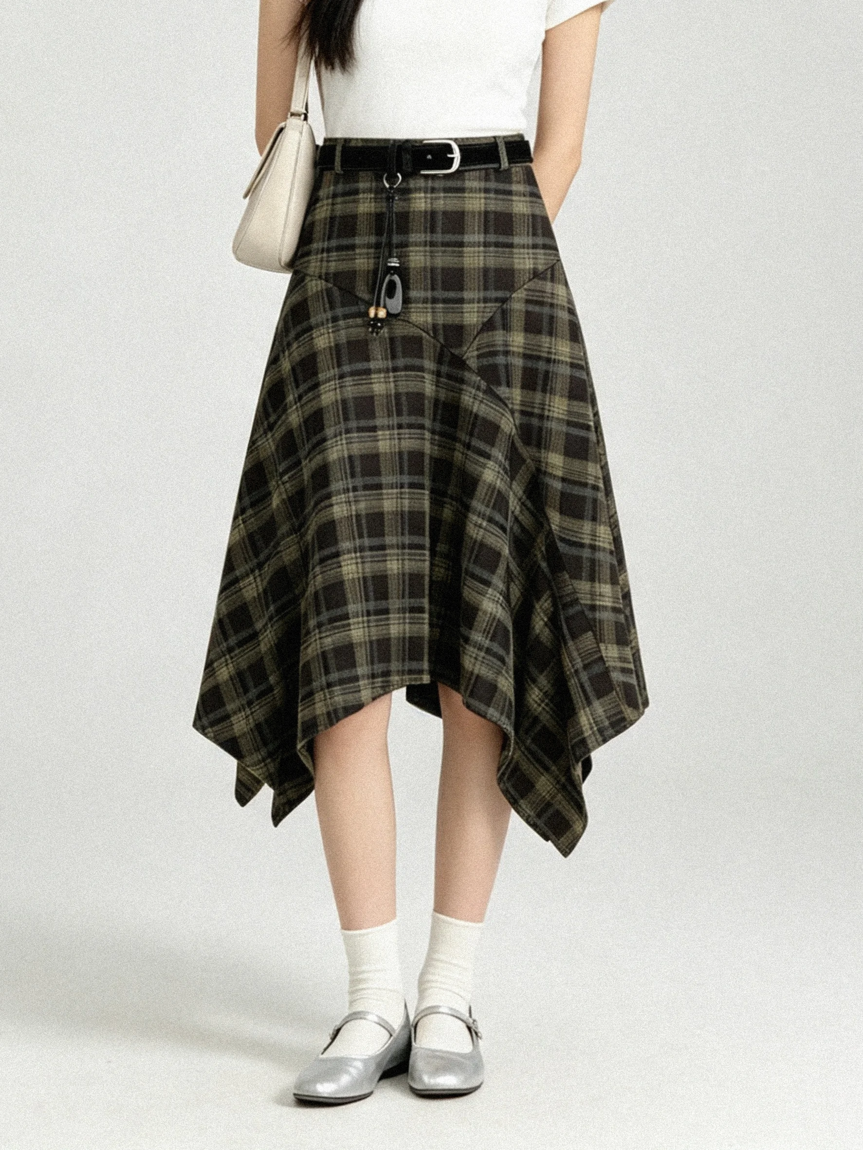 Autumn Winter High Waist A-Line Skirt Korean Style Checkered Woolen Midi Skirt Slimming Asymmetrical Office Commute Skirt