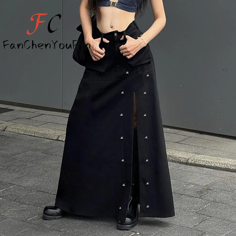 New Women's Skirts Vintage Crop Rivet Split Pocket Black Long Skirt Sexy Side Slits High Waist A-line Ankle-Length Skirt 2024