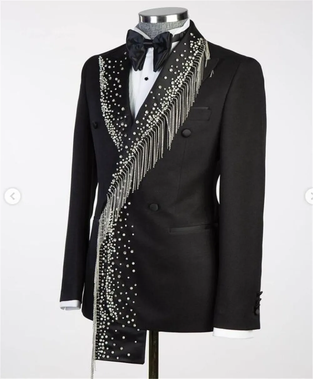 Designer Suits Men For Wedding Sparkly Crystals Beaded Tassel Double Breasted Jacket Pants 2 Pieces Groom Dinner Party Tuxedos