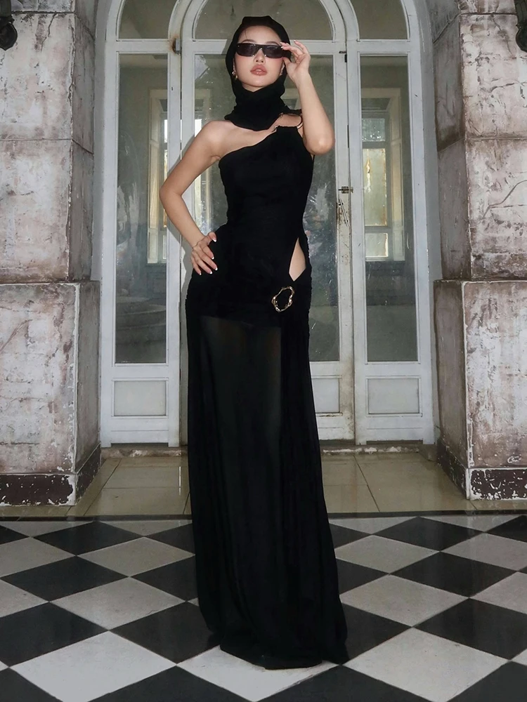 PB Moda Sexy Negro Un solo hombro Malla transparente con detalle recortado Maxi vestido Formal Fecha Vestido de noche