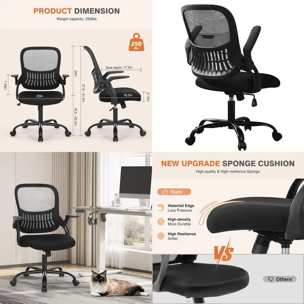 

Эргономичное сетчатое кресло с поддержкой поясницы и откидными подлокотниками для домашнего офиса, кабинета и спальни, черное