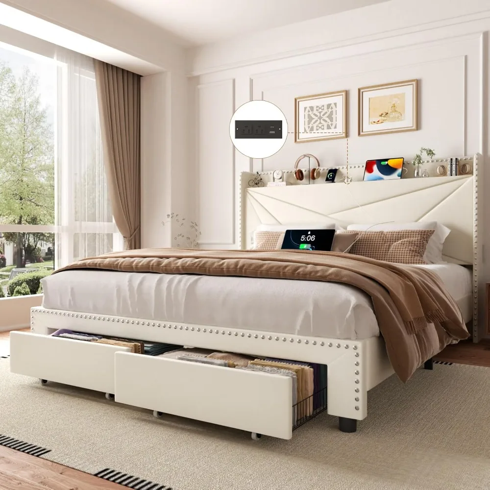 King Size Bed Frame with 2 Large Drawers, Storage Headboard Built-in Charging Station, Modern Chic Rivet Design, Easy Assembly,