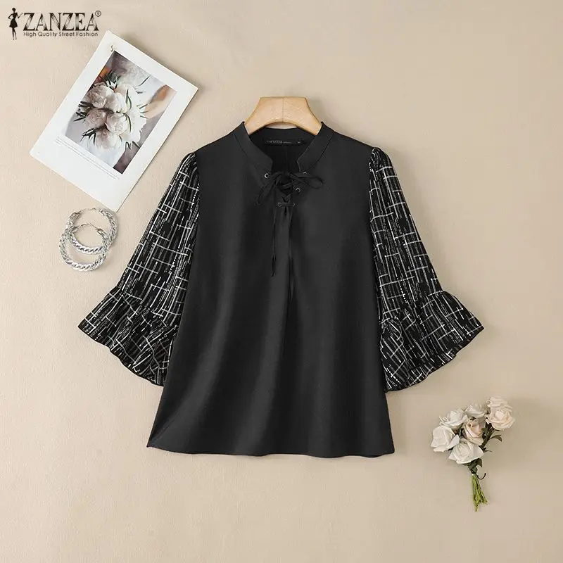 

ZANZEA Woman Elegant Patchwork Blouses Printed 3/4 Sleeve Lace-Up V-Neck Tops 2026 Spring Summer Blusas Mujer Women's Clothing