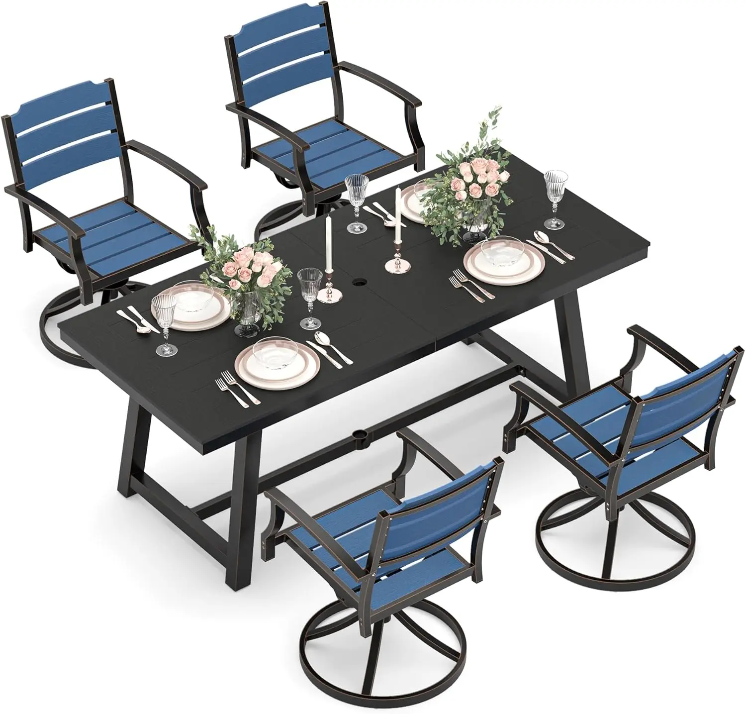 5 pieces patio swivel dining chair,dark blue