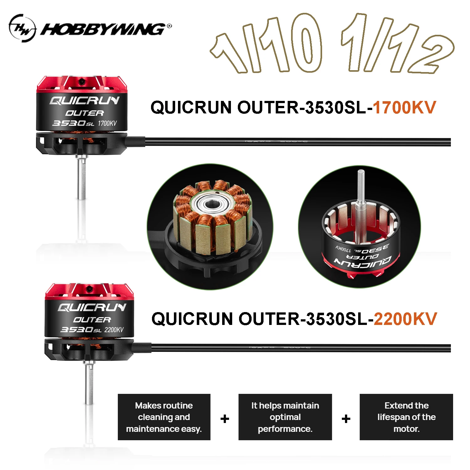 Hobbywing QUICRUN Outer 3530SL 1700KV 2200KV Brushless Motor for 1/10 1/12 RC Crawlers Model Car WP 10BL80 ESC Speed Controller