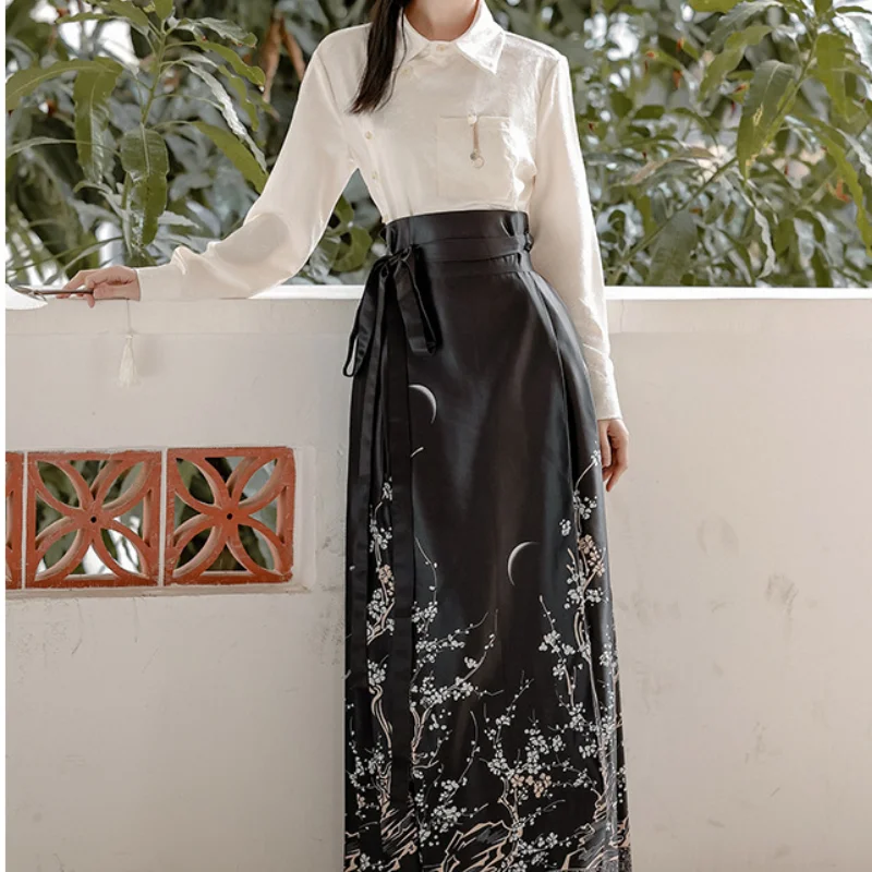 Novedad elegante Mamianqun primavera otoño Hanfu mejorado ropa tradicional china camisa de manga larga falda con cara de caballo estampada