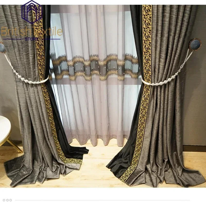 European Velvet Blackout Grey Luxury Curtains for Living Room Tulle Vintage Golden Lace Stitching Bedroom Custom Dining Room