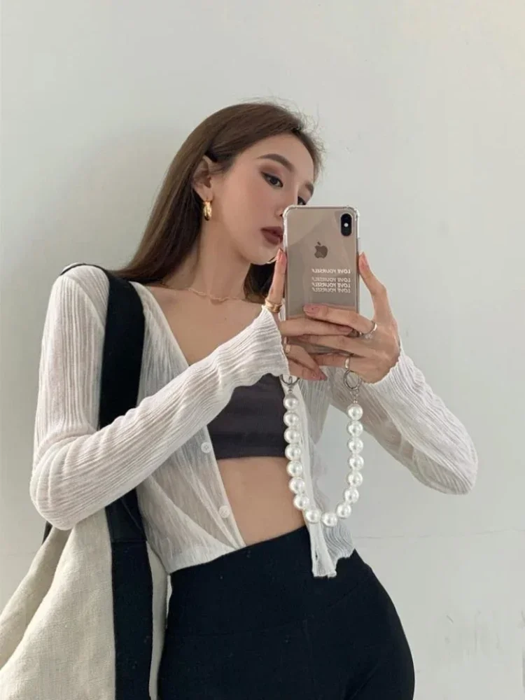 Sun-protection Jackets Women V-neck Lady Coat Korean Fashion Retro Breathable See Through Summer Casual Mujer Harajuku Sun-proof