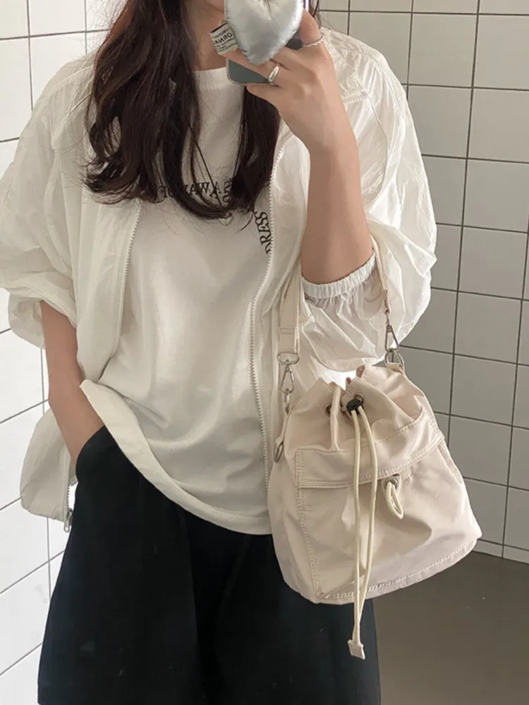 Drawstring Pleated Design Bucket Bag Women 2024 New Korean Nylon Casual Shoulder Bag Female Simple Solid Travel Crossbody Bag