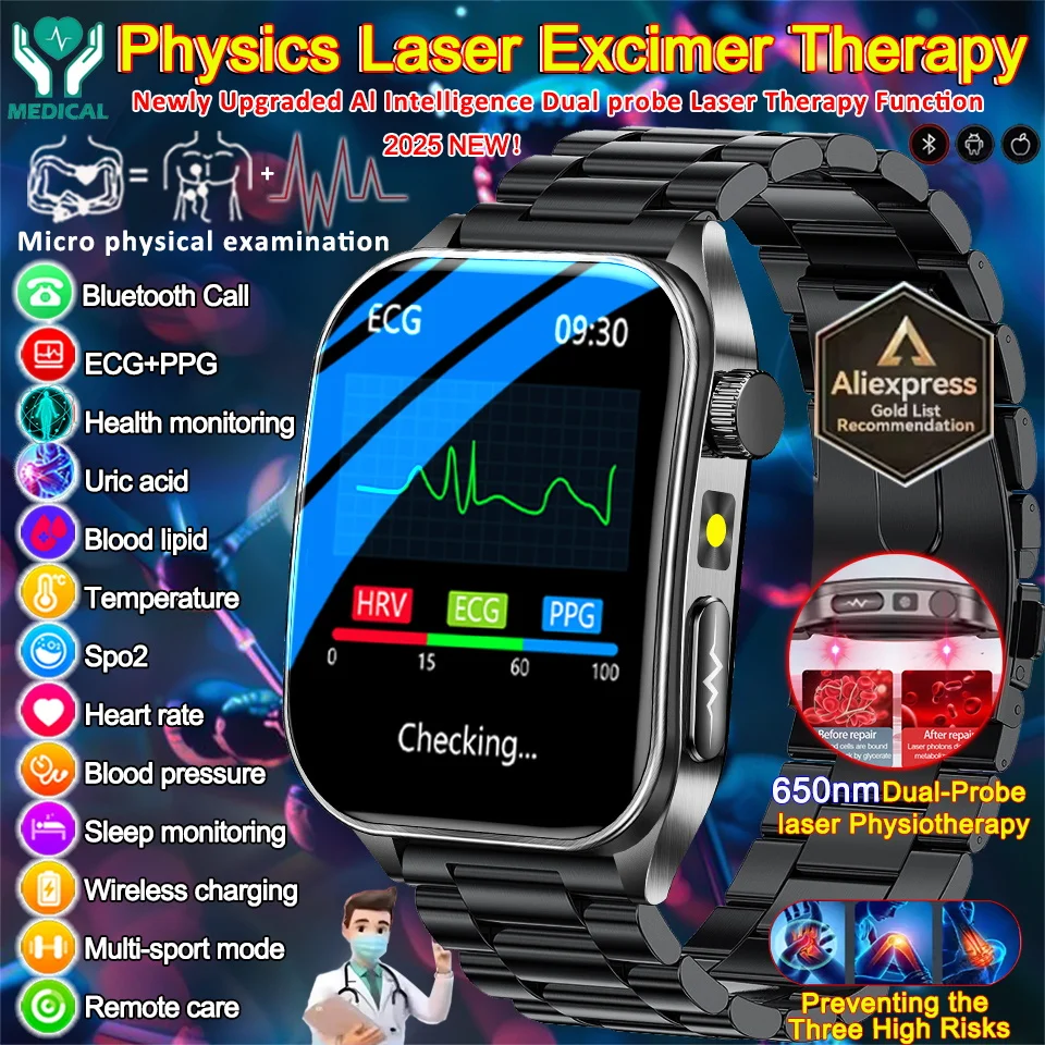 

2025New 650nm Dual probe Laser Excimer Therapy ECG+PPG Smartwatch 3D Curve Blood Pressure Uric Acid Lipid BT call Smartwatch Men