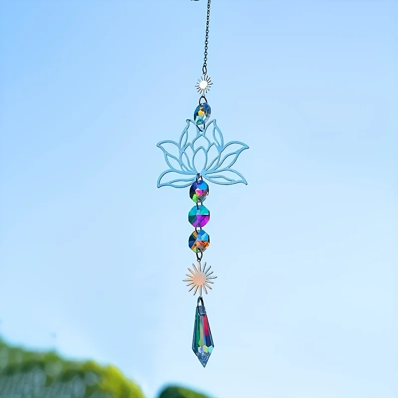 1PcMetalLotusandArtificial Crystal Suncatcher Charm Handmade Applicable Home Wind Chime Pendant Outdoor Garden Plant Decoration