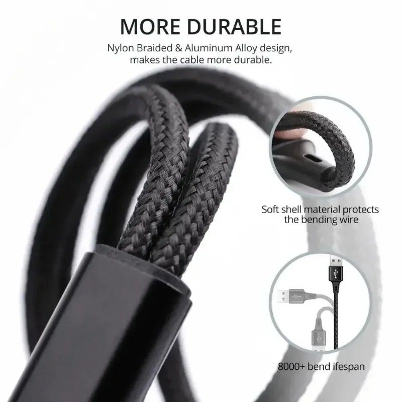 2 In 1 USB Cable Type C Cables Fast Charge Charger Cable Tablet Phone Charge Cord 2in1 Nylon Braided Mobile Android Wires