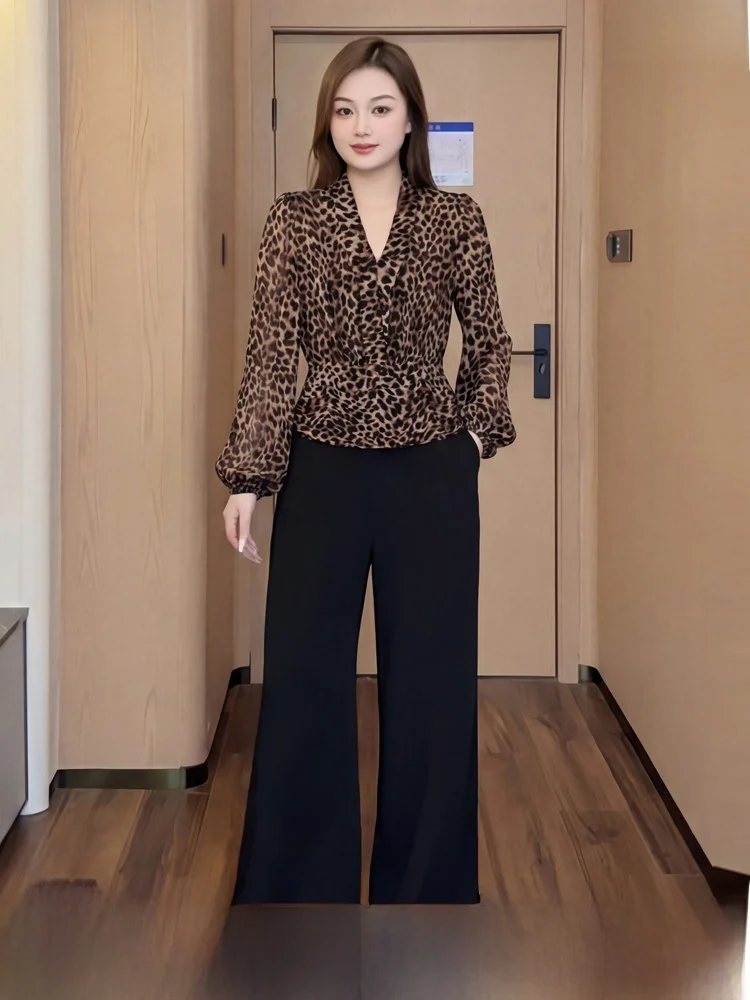 

Spring Faion plus Size Women's irt Top Leopard Print Wide Leg Pants Two Piece Set Korean Sle Slim Fit High Waist Long S...