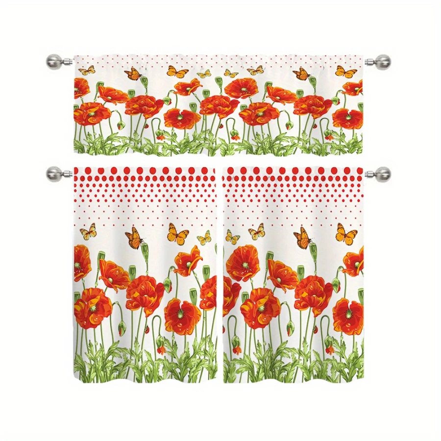  Red Polka Dot Poppy Flower Butterfly Print Kitchen Curtain, Rod Pocket Tiers for Spring Kitchen Dining Room Home Decor