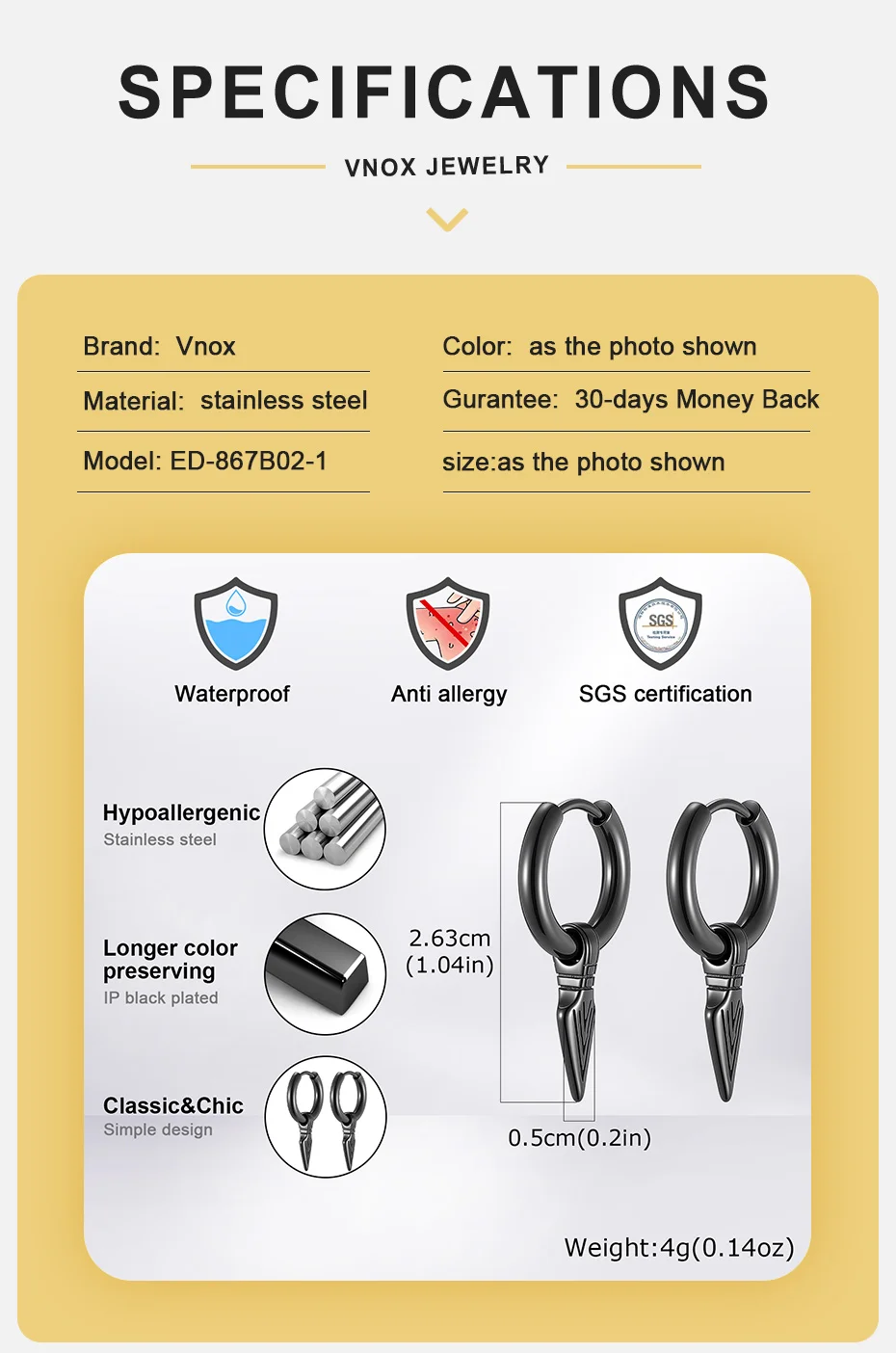 Vnox Edelstahl-Creolen, Speerspitzen-Ohrringe im Punk-Gothic-Stil für durchstochene Ohren bei Männern, Schmuck in Schwarz, Gold und Silber. – Detail 4
