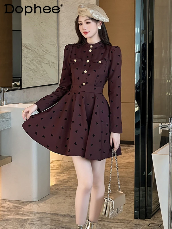 

Autumn New Stand-up Collar Puffy Dress Retro Bubble Sleeve High Waist Butterfly Dress for Women Long Sleeve Short Dresses