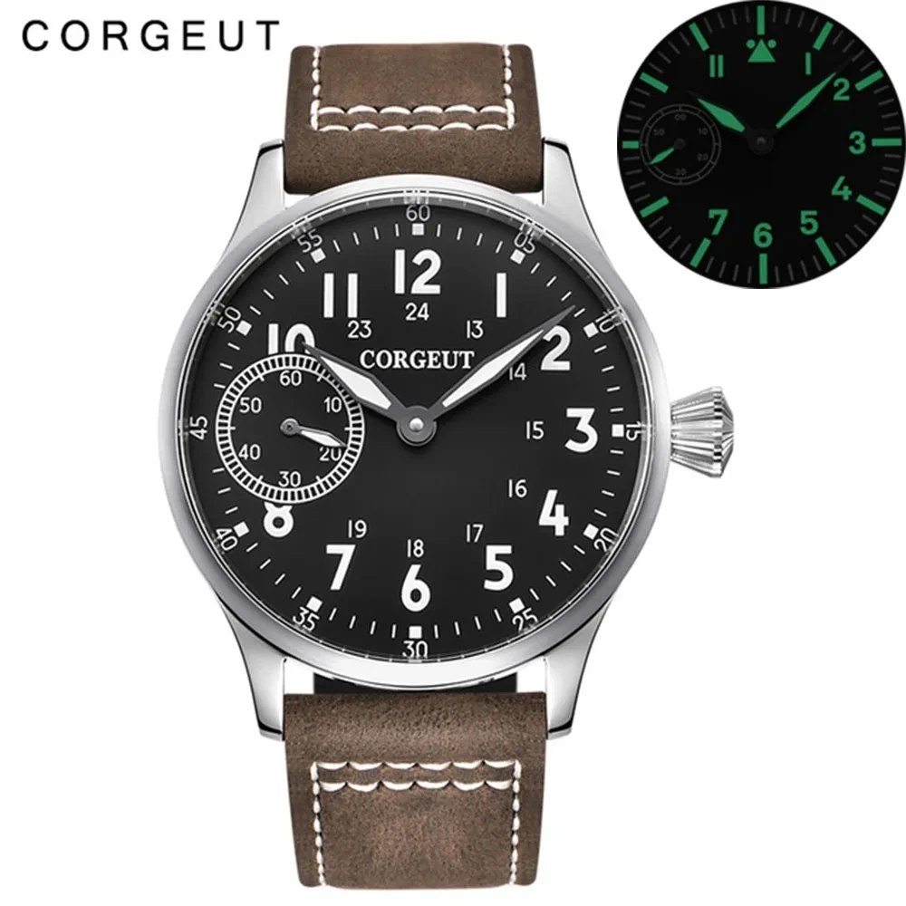 Corgeut 44mm Leather Luminous Mechanical Hand Winding Watch For Men 17 Jewels ST3600 Seagull 6497 Movement Sport Wristwatches