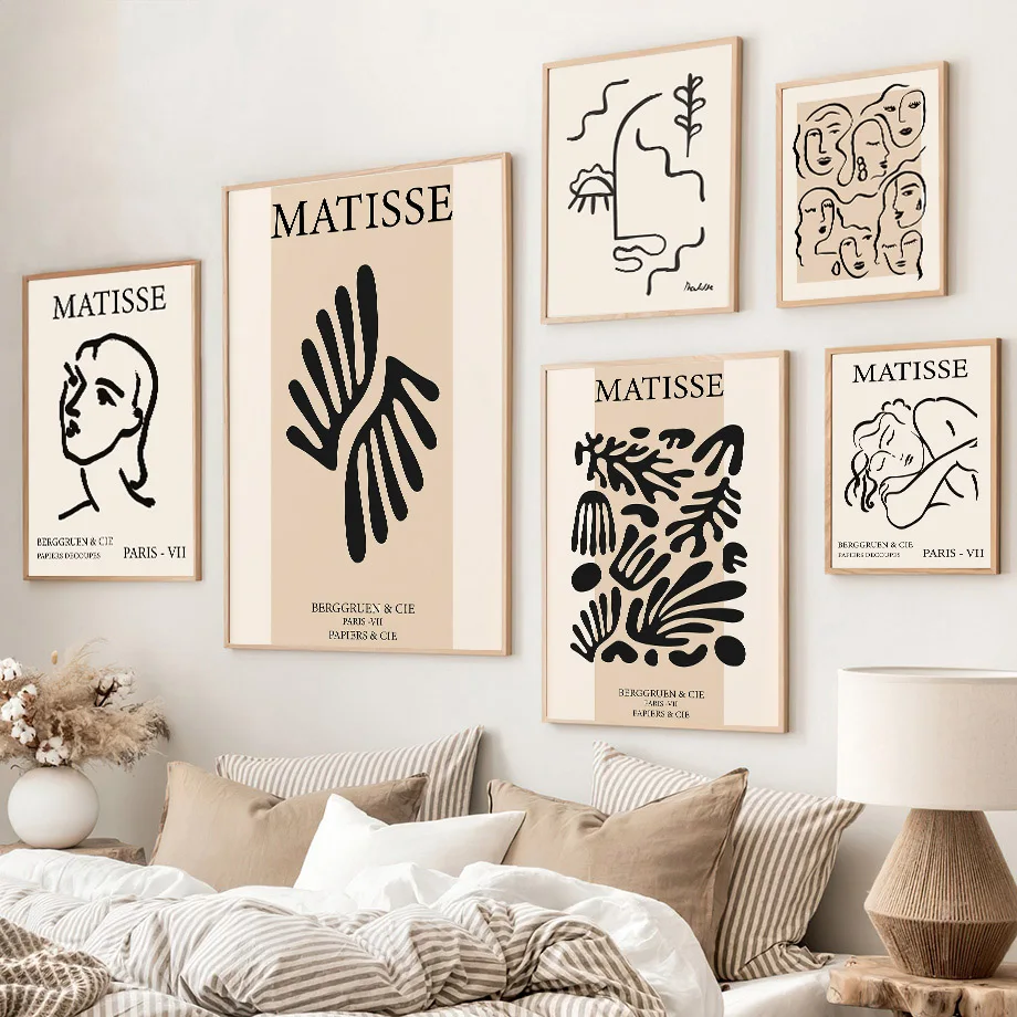 Matisse Line Art Wall Art Neutral Beige Abstract Canvas Prints Black White Matisse Cut-Outs Posters Minimalist Living Room Decor