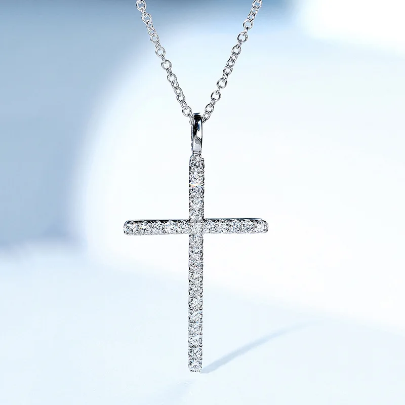 High Quality White Zircon Cross Pendant Necklace 925 Sterling Silver Cross Diamond Necklace Sparkling Fine Jewelry Gift