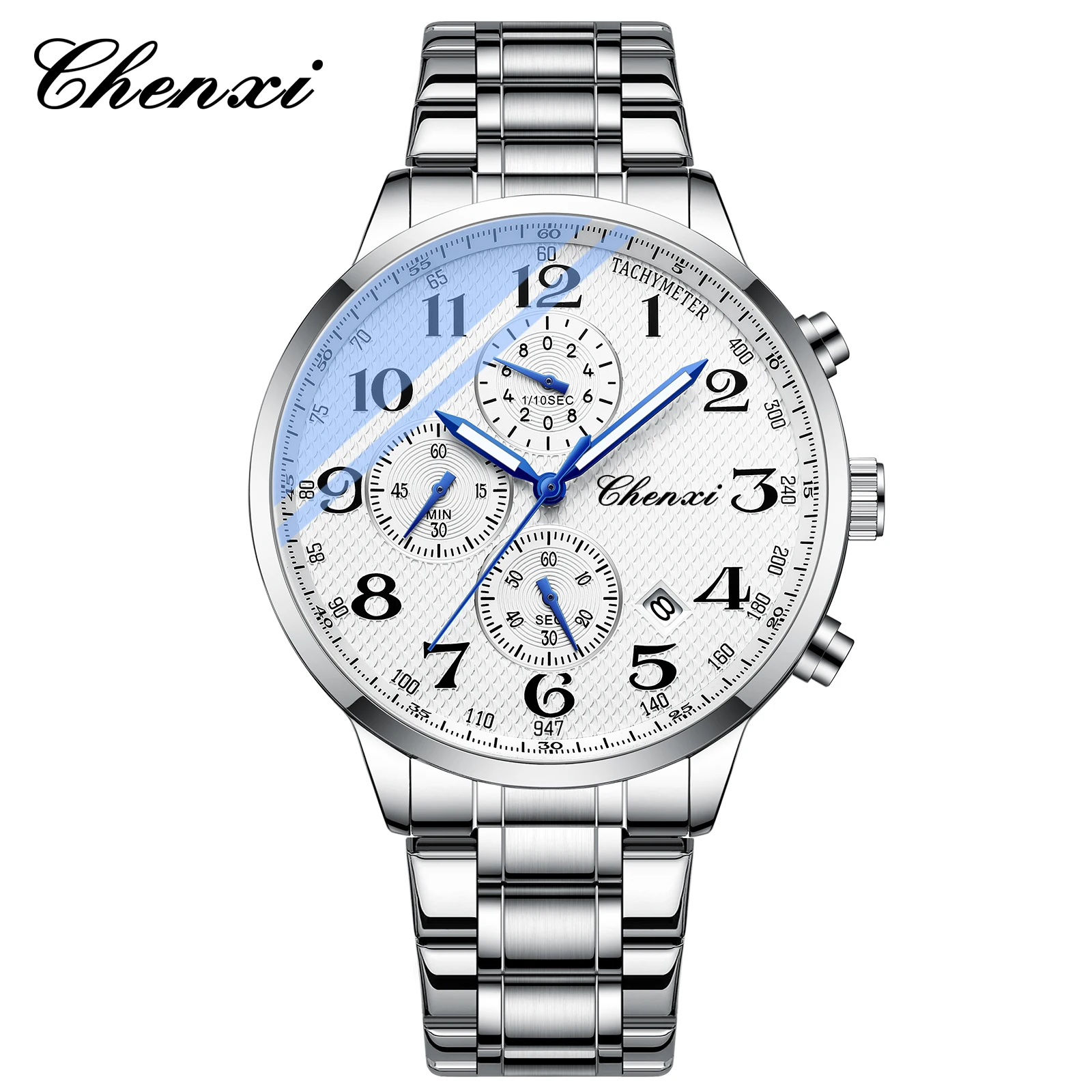Chenxi 947 Original Men\'s Watches Classic Multifunctional Silver Stopwatch Quartz Wristwatch Waterproof reloj