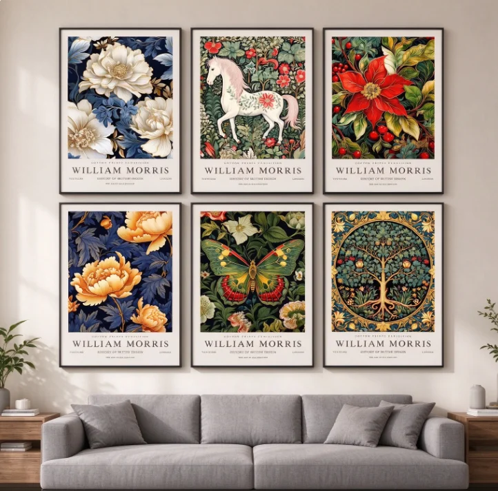 Vintage William Morris Style Canvas Wall Print, Forest Animal Butterfly Flower Pear Fruit Painting, Frameless Canvas Picture