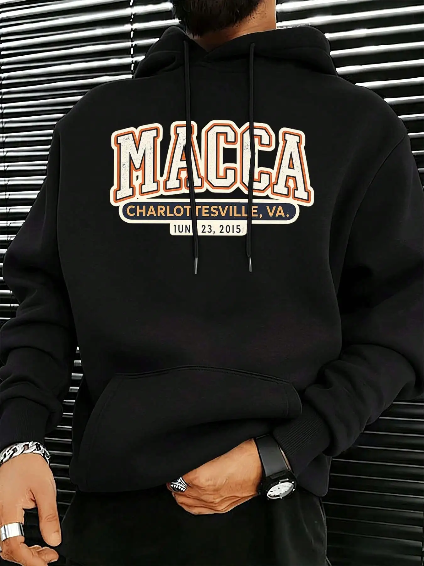 Mens Casual Pullover Hoodie, Macca Charlottesville VA Retro Distressed Varsity Letter Graphic Print Hooded Sweatshirt, Loose Fit Long Sleeve Hoody With Pocket For Vintage Street Daily Wear