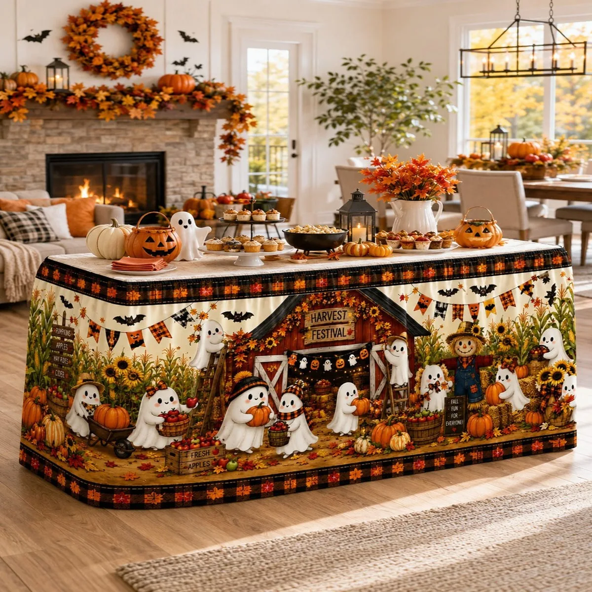 1PC Party Tablecloth, Table Skirt, Halloween Barn Farm Table Skirt, Country Farm Halloween Tablecloth Table Skirt