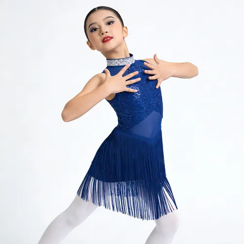 Imagen 1 del producto Vestido de baile latino de jazz brillante con pedrería para niñas, leotardo de baile con cuello de lentejuelas y dobladillo de malla con flecos, vestido para actuaciones de baile