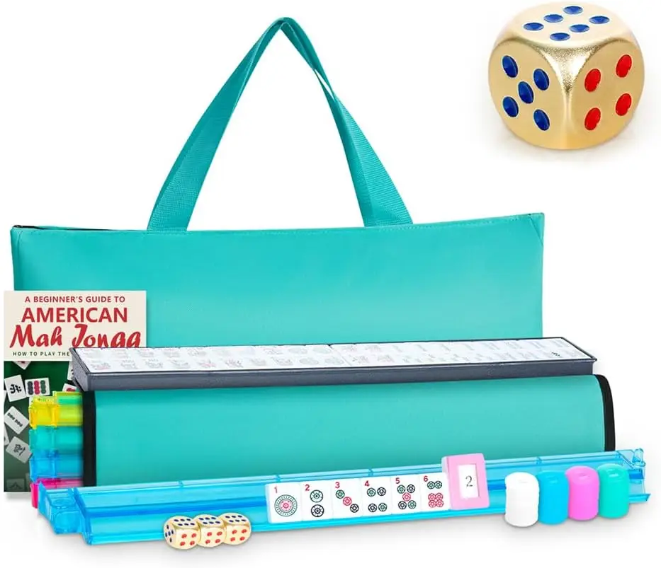 

American Mahjong Set, 166 White Tiles, Light Green Bag, 4-in-1 Pushers & Racks, Golden Dice
