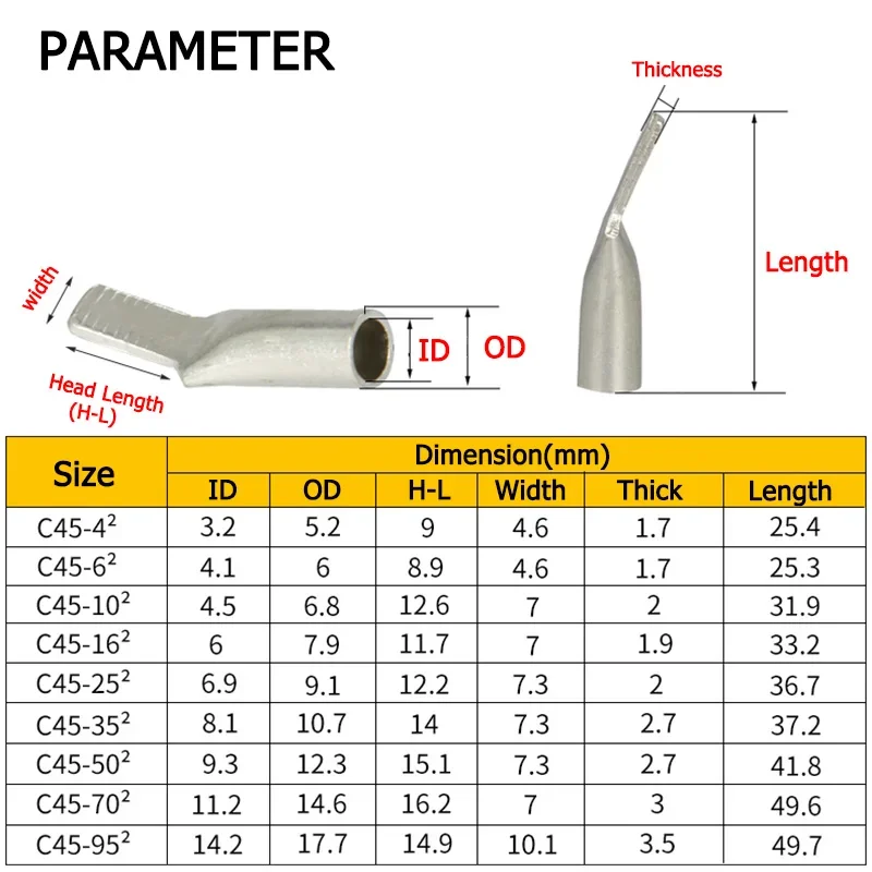 Wire Connector Thickned Nose Copper Aluminum Terminals Battery Cable Lugs DZ47 Contact Pin C45-4 6 10 16 25 35 50 70 95