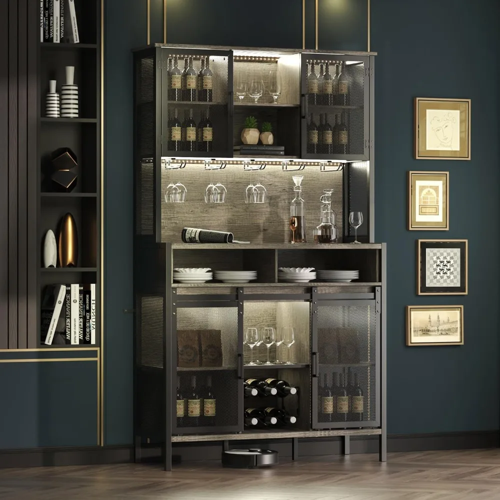 Coffee and Wine Bar Cabinet com porta de celeiro deslizante, Farmhouse Buffet Cabinet com Wine Rack e suporte de vidro LED Storage Cabinet 72"