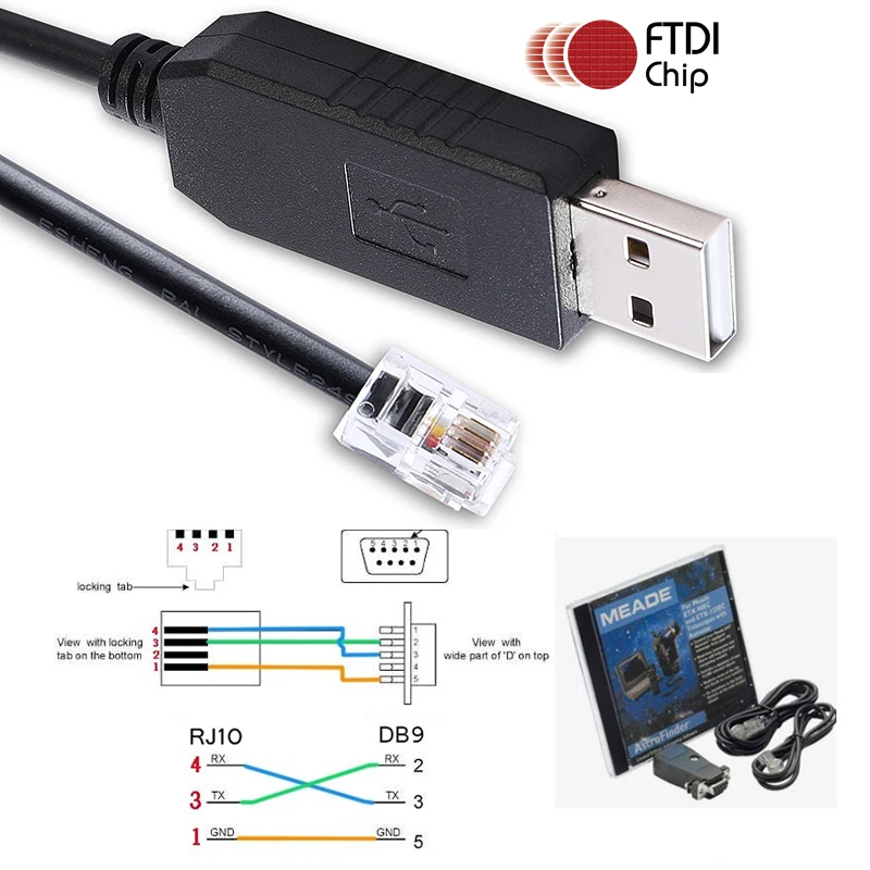 Meade 505 kabel FTDI USB RS232 szeregowy do RJ10 4P4C konwerter kabel Adapter dla Meade ETX-125 ETX-90 ETX-70 LXD-75 LX90