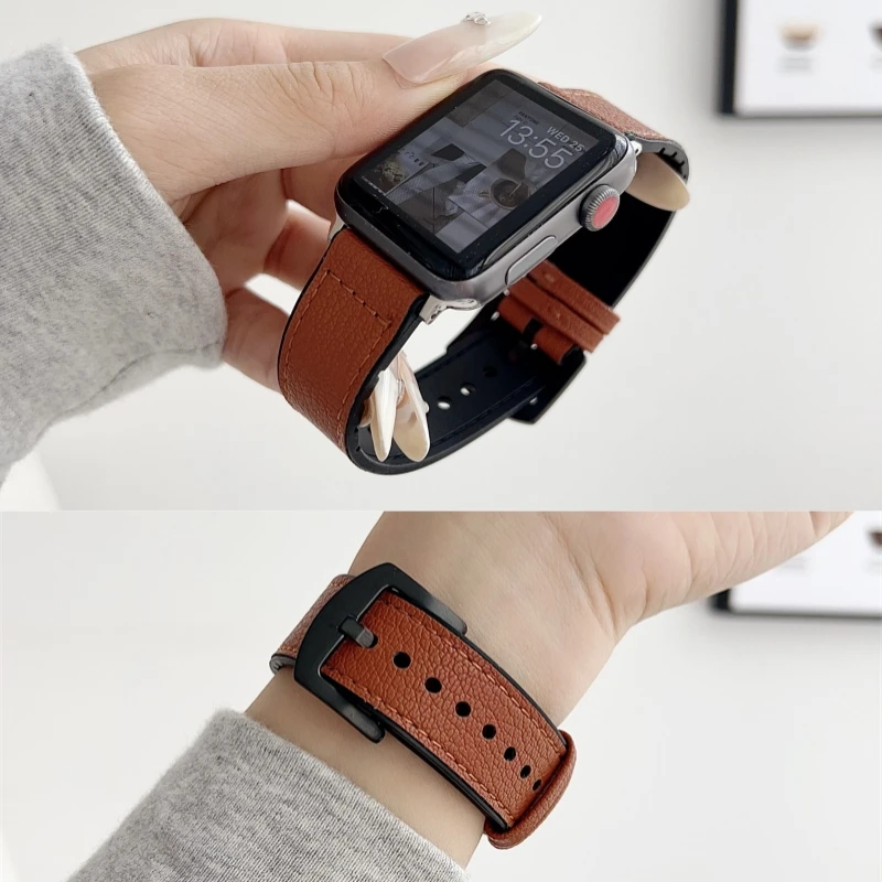 Luxury Goat Leather For Apple Watch 49MM 46 45 44MM 42 41 40 38MM Autumn Stylish Lychee Pattern For Iwatch Series 10 9 8 7 6 5