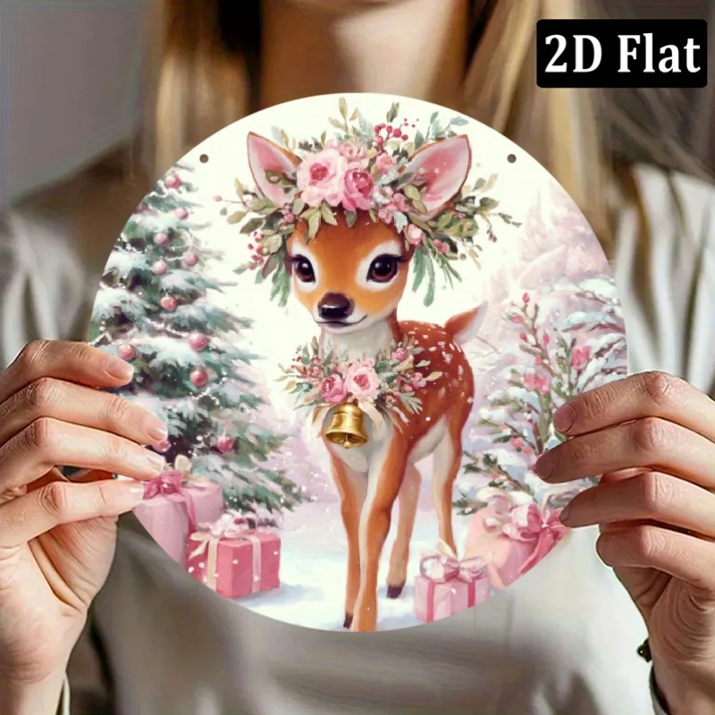 Rustic Christmas Deer Snowflake Metal Wall Art - 2D Flat Reindeer Holiday Wreath Sign, Indoor Outdoor Farmhouse Decor, Garden &