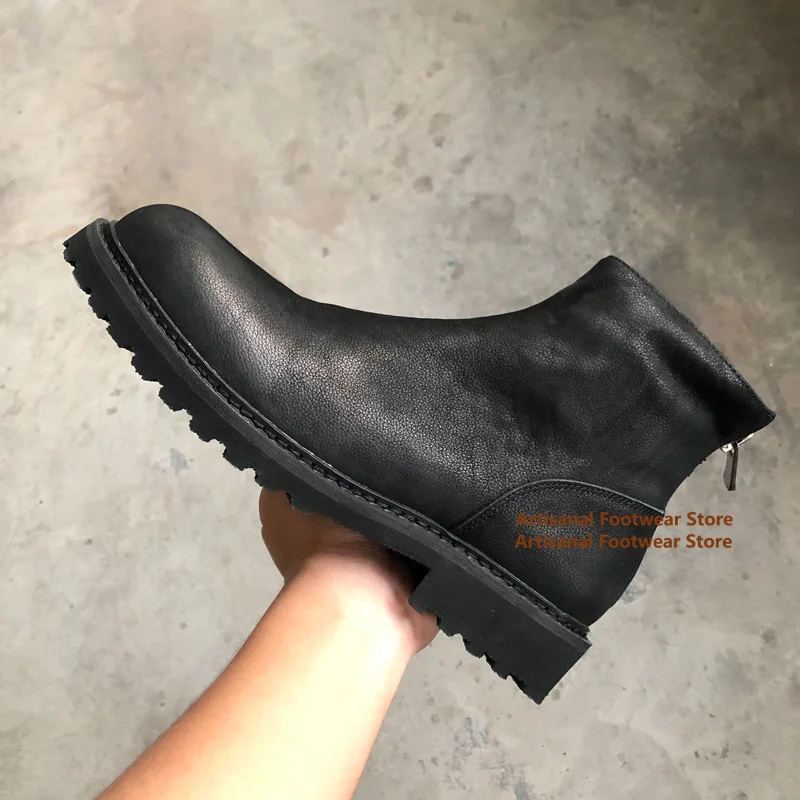 Thick-Soled Black Leather Chelsea Boots Men's High-Top Back Zip British Style Trendy Handmade Cowhide Men's Shoes Botas Mujer