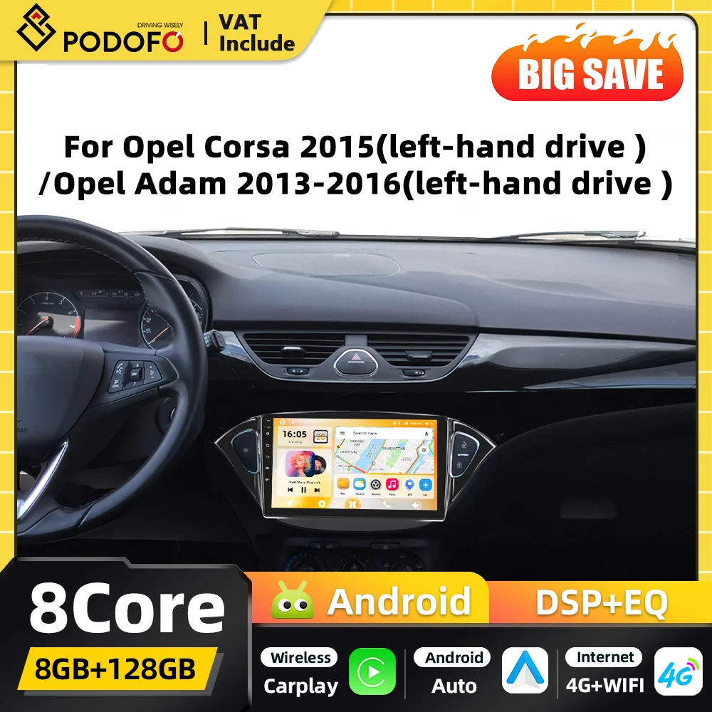 Podofo AI Voice 2din Android Autoradio Multimedia-Player für Opel Corsa 2015/Opel Adam 2013-2016 Carplay Autoradio GPS-Navigation Android Auto WIFI DSP FM-Empfänger RDS