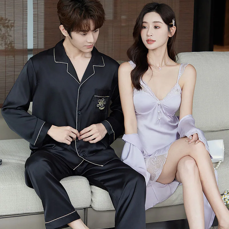 

Summer Sexy Satin Silk Men Shirt Pants Women Robe+Nightdress Pajamas Sets Couple Sleepwear Family Pijama Lover Night Suit