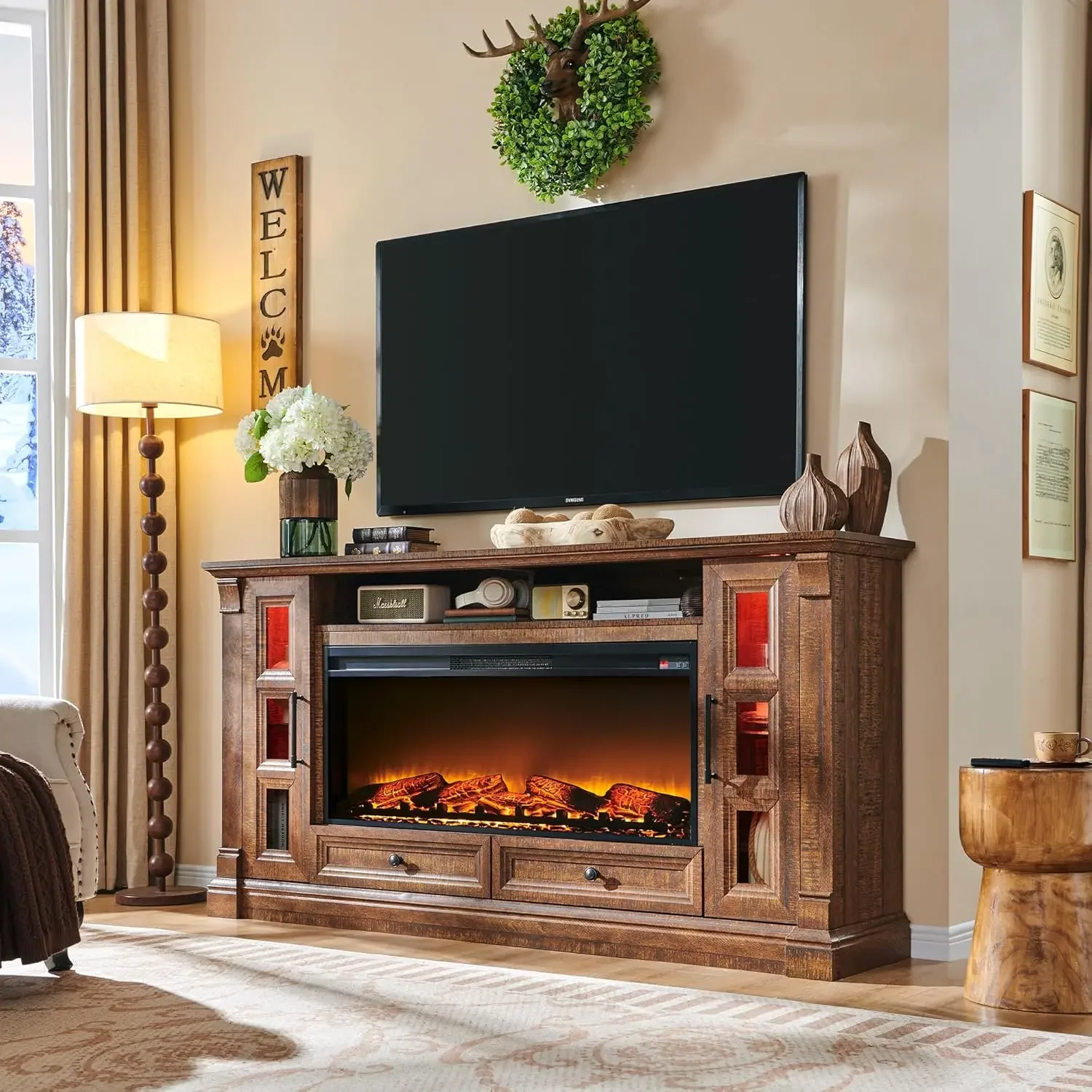 TV Stand with Fireplace for up-to-80 TV,  TV Console with Glass Door Cabinets & Drawers for Living Room, Reclaimed Barnwood