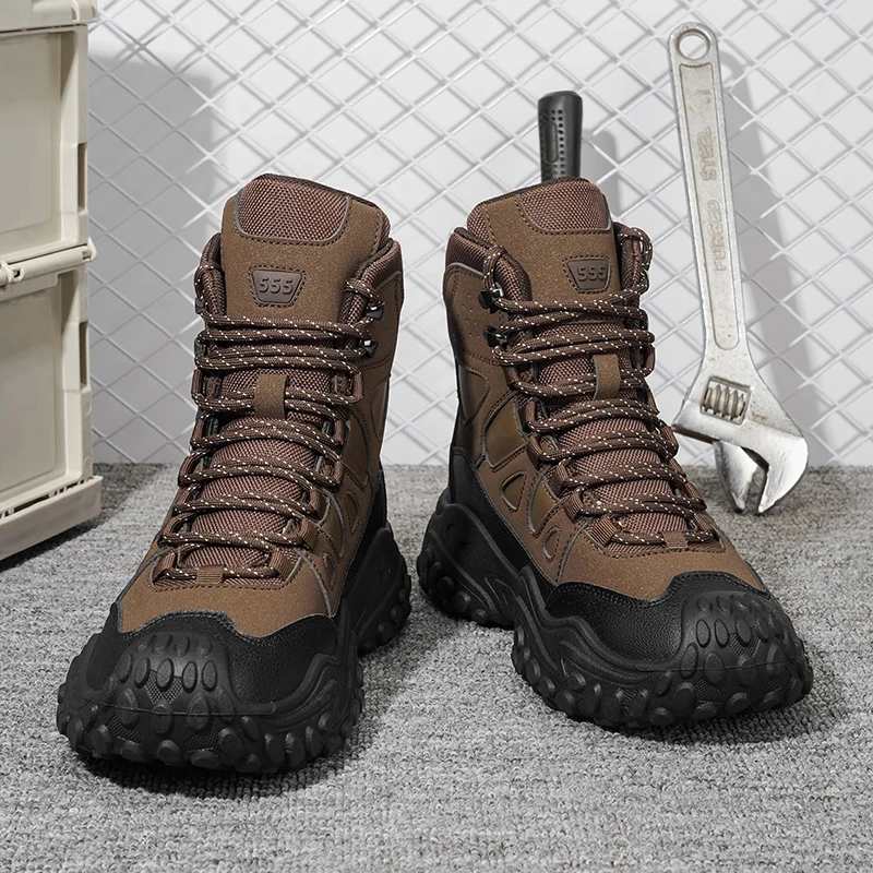 Men's solid color high-top large-size outdoor hiking boots, with a non-slip, wear-resistant, elastic outsole, offering excellent grip, suitable for outdoor trekking, mountain climbing, and camping